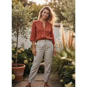 Hinge Rust Boho crochet Lace Trim Button Down Blouse XS 100% Cotton Terra Cotta